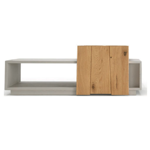 Modern White Coffee Table with Sliding Oak Top, Revealing a Storage Rack on One Side and Magazine Shelf on the Other.