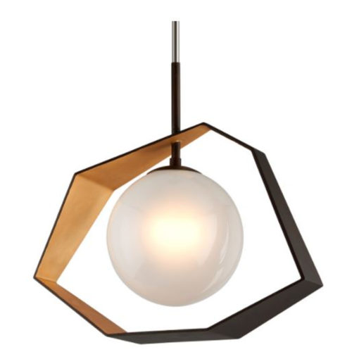 Geometric Metal Pendant w/ Center Glass Globe Light. Bronze w/Gold Leaf Interior Finish.