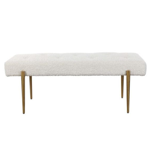 Accent Bench w Plush Button Tufted Seat Atop Tapered Stainless Steel Legs in Antique Brushed Brass Finish. 1