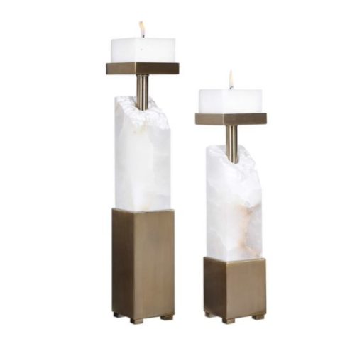 Polished White Marble Candleholders w/ Chiseled Top and Brushed Brass Block Foot. 1