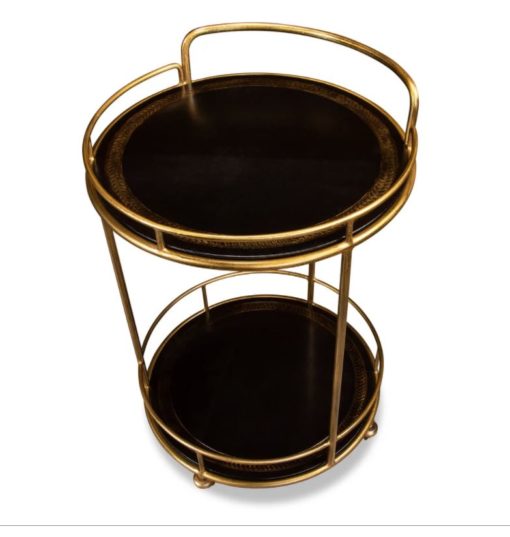Iron and Black Leather Side Table in Gold Finish w/Casters. 1