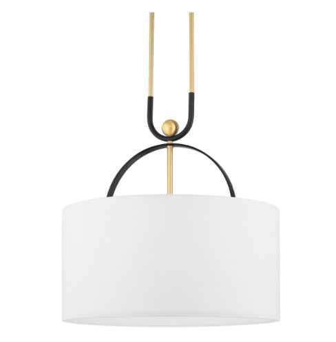 Pendant Sphere Finial & Arched Loop in Brass and Black Combo Finish w/ Round Drum Shade 1