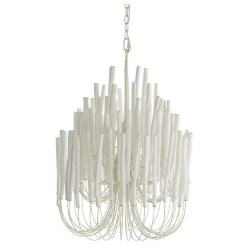 5-Light Chandelier w/ 5 Tiers of Wooden Sticks On Curved Iron Arms in White.