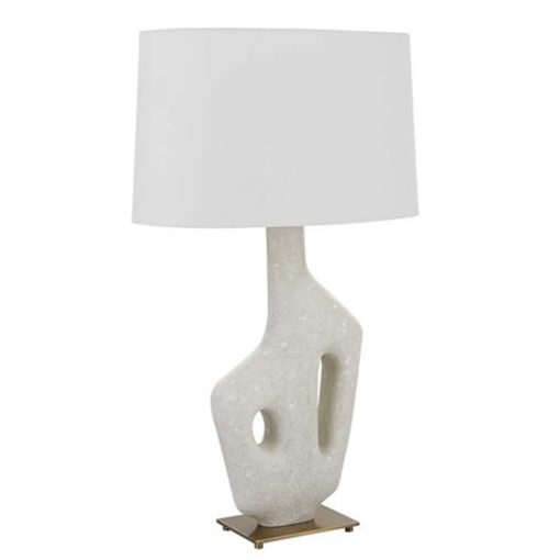 Sculpted White Marble Table Lamp w/ Brass Base and Linen Shade. 1