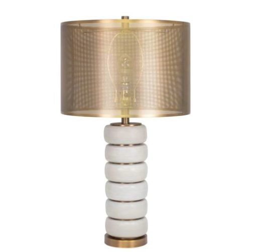 Table Lamp w/ Stacked Discs Separated by Gold Bands w/ Laser Cut Gold Shade. 1