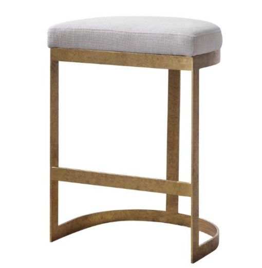 Backless Counter Stool w/ Gold Leaf Frame and Off-White Fabric Seat.