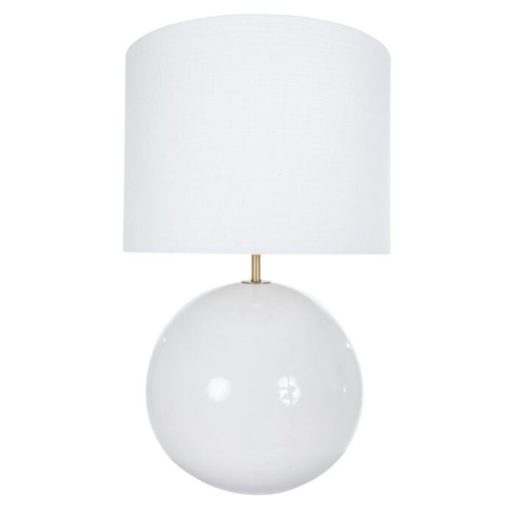 White Glazed Table Lamp w/ Boldly Sized Round Base & White Linen Shade