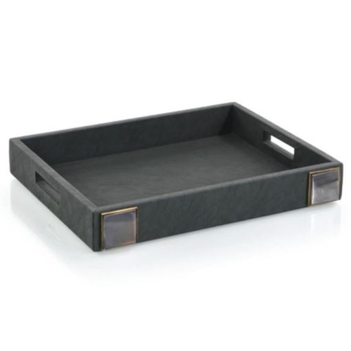 Handcrafted Black Leather Tray w/Decorative Horn Accents. 1
