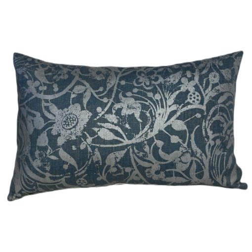 Blue Lumbar Pillow w/ Gold Floral Design & Beige Backing