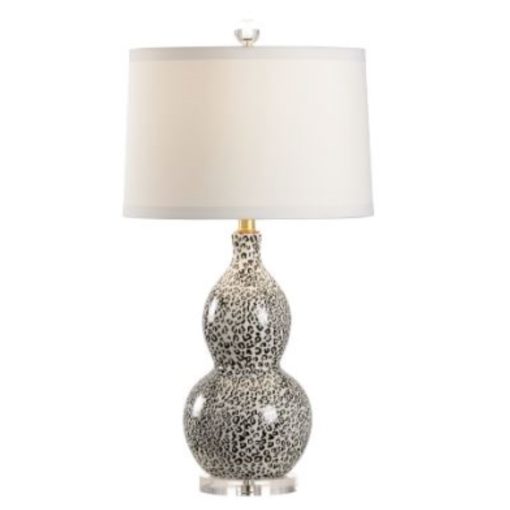 Gray Snow Leopard Table Lamp w/ Off-White Tapered Shade