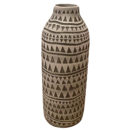 Tall Vase in Natural Beige w/ Etched Black Geometric Pattern