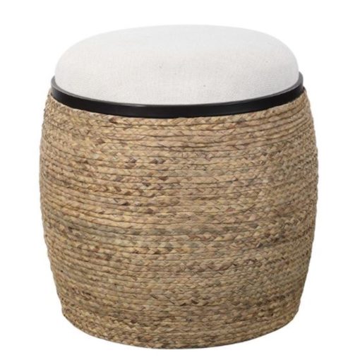 Accent Stool w/ Round Base Wrapped in Natural Braided Straw w/ Matte Black Iron Details and Upholstered Seat in Light Beige 1