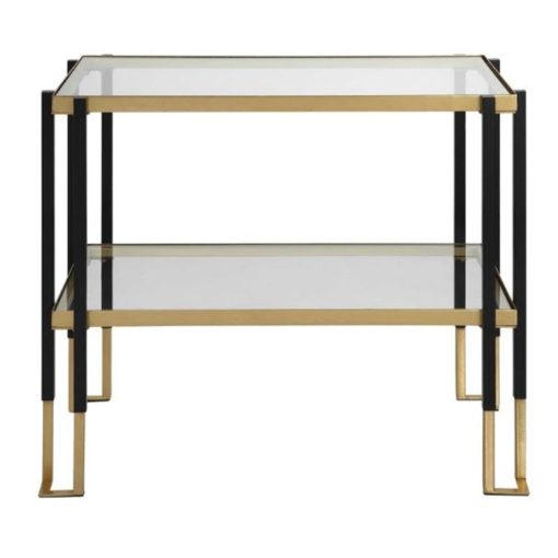 Side Table w/ Two Tempered Glass Shelves & Two-Toned Black/Gold Base