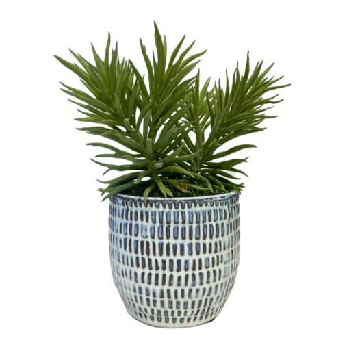 Short Faux Spider Plant in Hand Carved Blue&White Ceramic Planter. 1