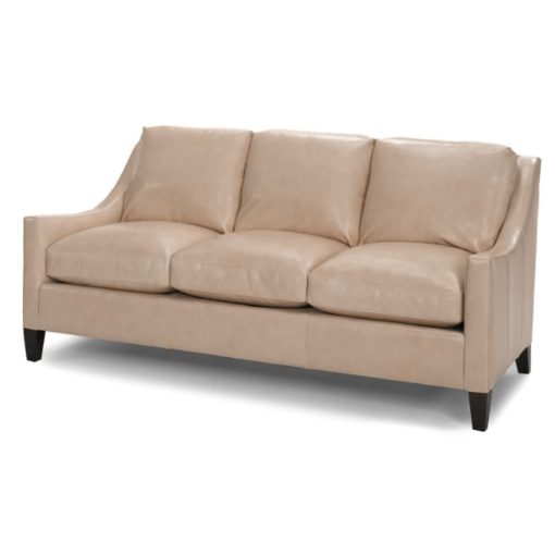 Beige Leather 3-Seat Sofa w/ Track Arms & Black Walnut Leg Finish. Standard Poly Fiber Cushion Fill. 1