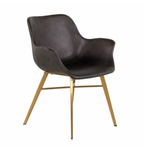 Dining Arm Chair in Charcoal Brown Faux Leather w/ Sleek Stainless Gold Legs.  MUST BE PURCHASED IN PAIRS