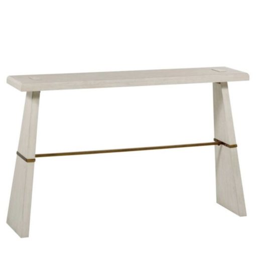 Antique White Console Table w/ Angular Tapered Legs & Brass Stretcher 1