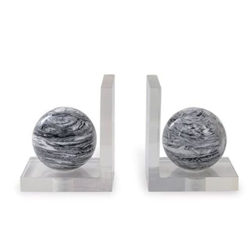 Pair of Lucite "L" Shaped Bookends w/ Marbled Ball Accents. 1