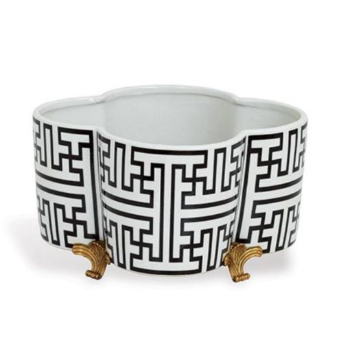 Quatrefoil Porcelain Planter w/ Black & White Key Pattern & Brass Feet 1