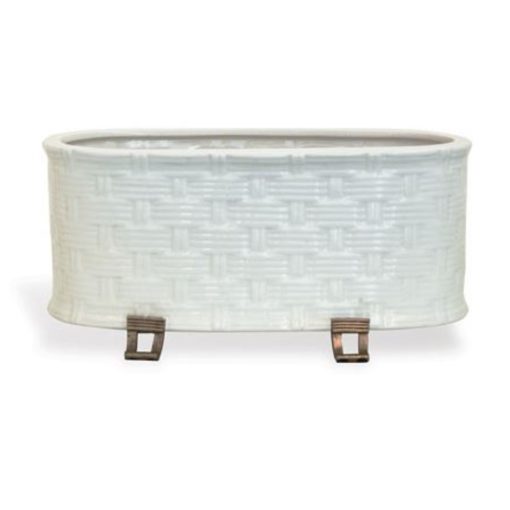 Porcelain Cream Oval Planter w/Wicker Pattern & Brass Feet