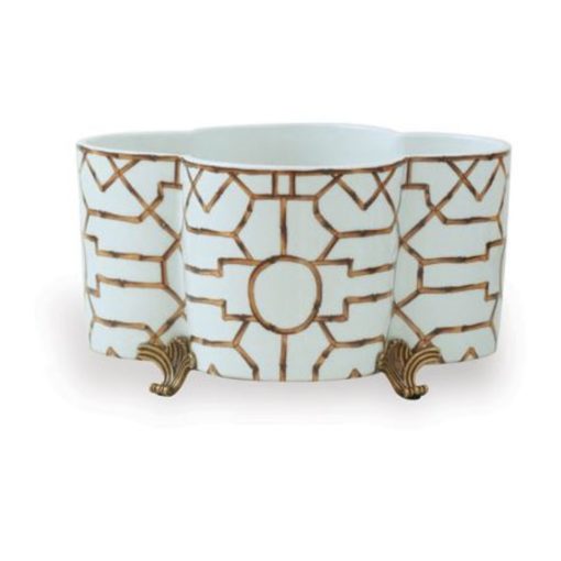 White Quatrefoil Planter w/ Gold Bamboo-Like Design 1