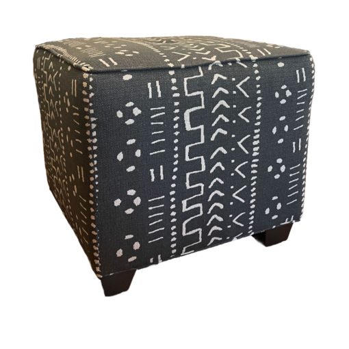 Square Ottoman Upholstered in Black & White Tribal Print Fabric 1