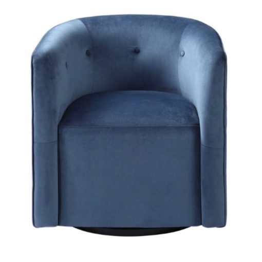 Barrel Style Swivel Chair w/ Button Tufted Accents in Blue Polyester Velvet