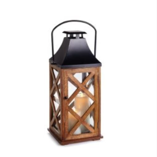 Large Indoor Lantern w/ Thick Lattice Wood & Black Metal Top