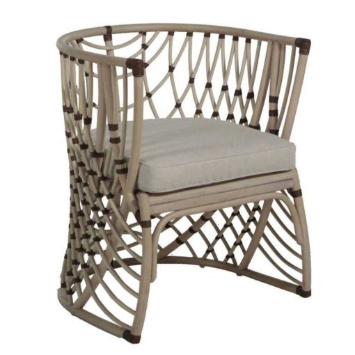 Whitewashed Rattan Barrelback Dining Chair w/ Herringbone Fabric Seat