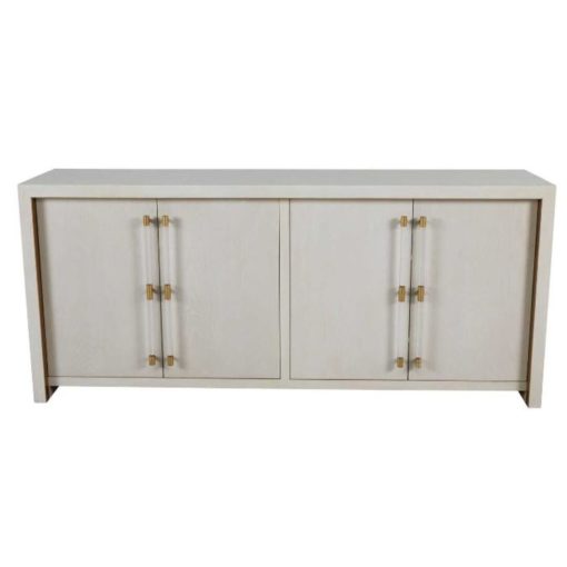 Cerused White Cabinet Featuring Acrylic Handles w/ Gold-Stained Metal Accents.
