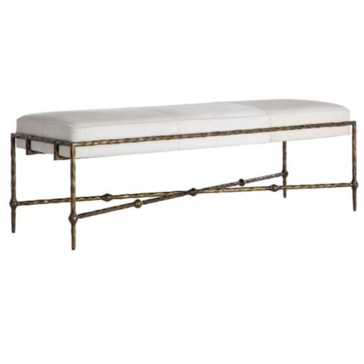 Natural Ivory Hide Bench w/Hand-Hammered Frame in Antique Aged Brass 1