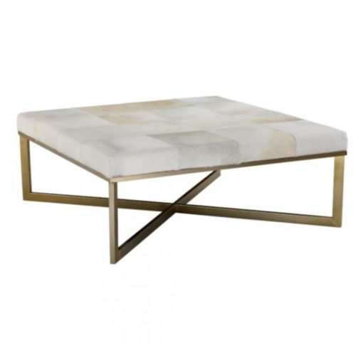 Square Ottoman in Frosted Hide w/Antique Brass Stretcher Base