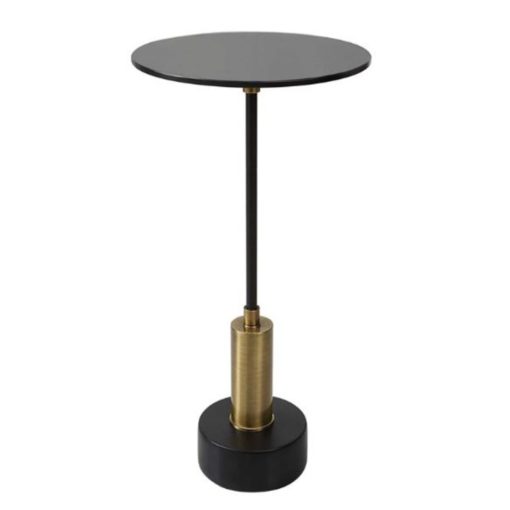 Round Accent Table w/ Brushed Brass & Black Base & Black Glass Top 1