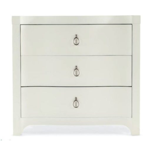 3 Drawer NIghtstand in White Shell Finish w/ Champagne Hardware & Outlet Receptacle