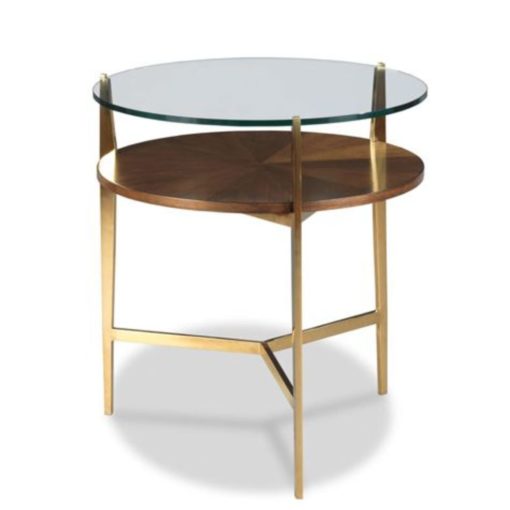 Round Side Table w/ Glass Top, Walnut Shelf & Brass Legs 1