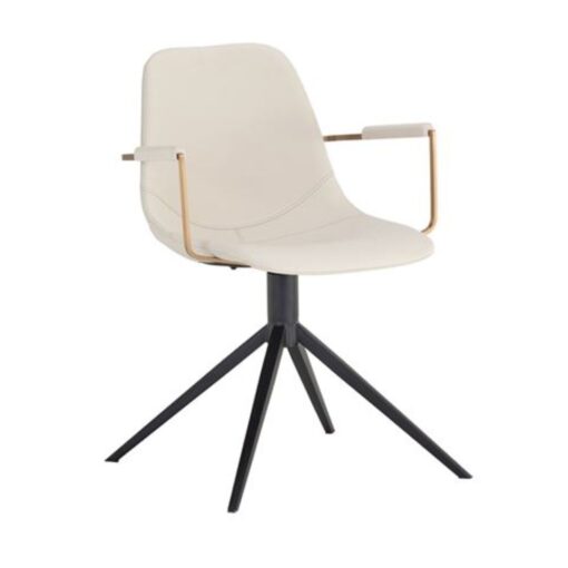 Swivel Dining Armchair in Cream Faux Leather w/ Black Legs and Brushed Gold Arms