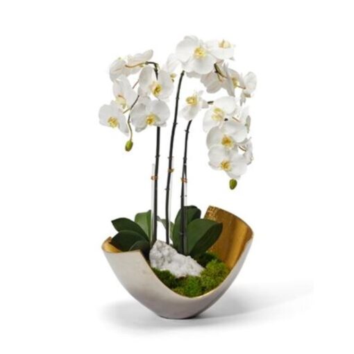 Orchids in Mixed Metal Scoop Container w/ White Geode 1