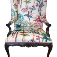 Custom Wing Chair in Arboles Embroidered Fabric & Walnut Legs