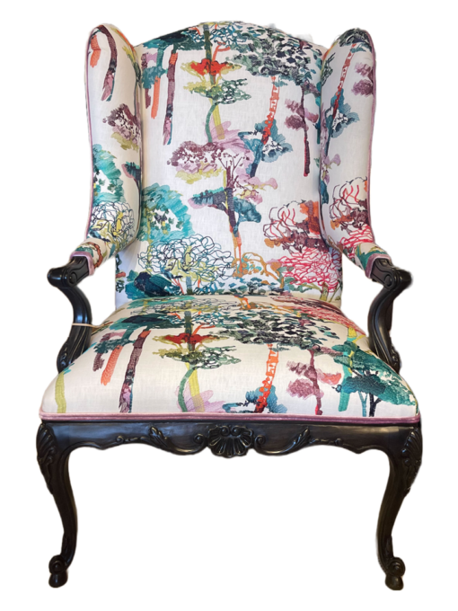 Custom Wing Chair in Arboles Embroidered Fabric & Walnut Legs