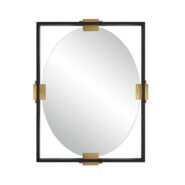 Oval Mirror Inside Matte Black Rectangular Frame With Brass Clip Fasteners