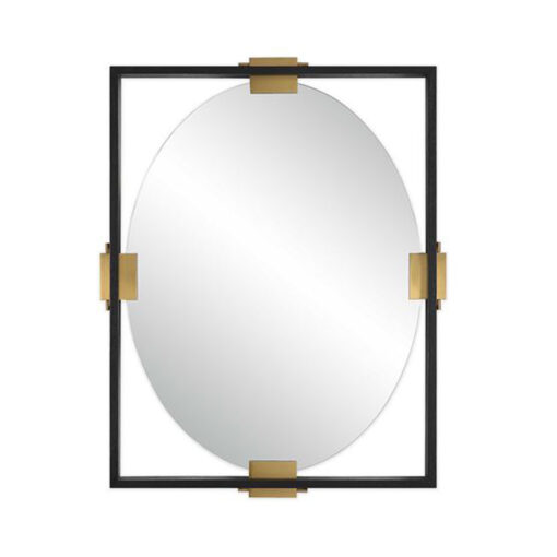 Oval Mirror Inside Matte Black Rectangular Frame With Brass Clip Fasteners