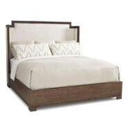 Hickory White Navarre King Bed in Cordoba Finish with Ivory Upholstered Headboard